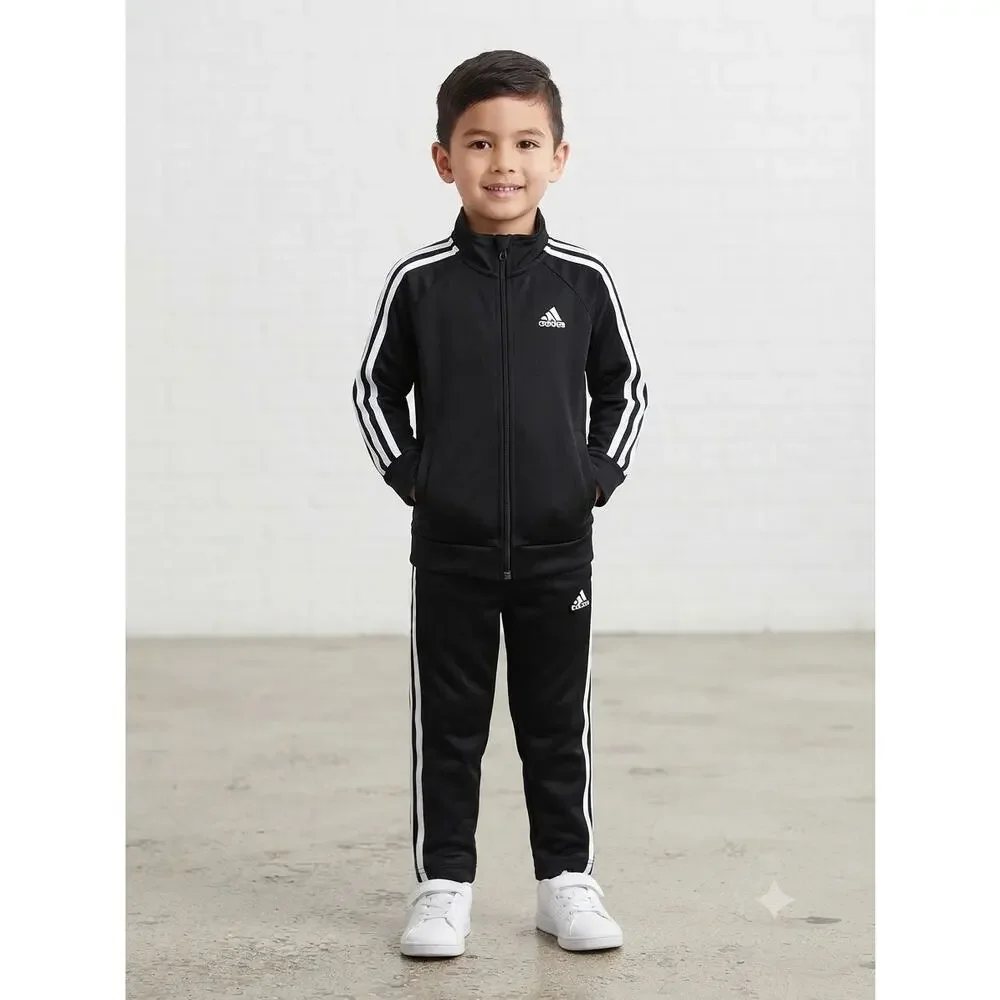 Adidas Boys Black Track Jacket Size 5 3-Stripe Full Zip